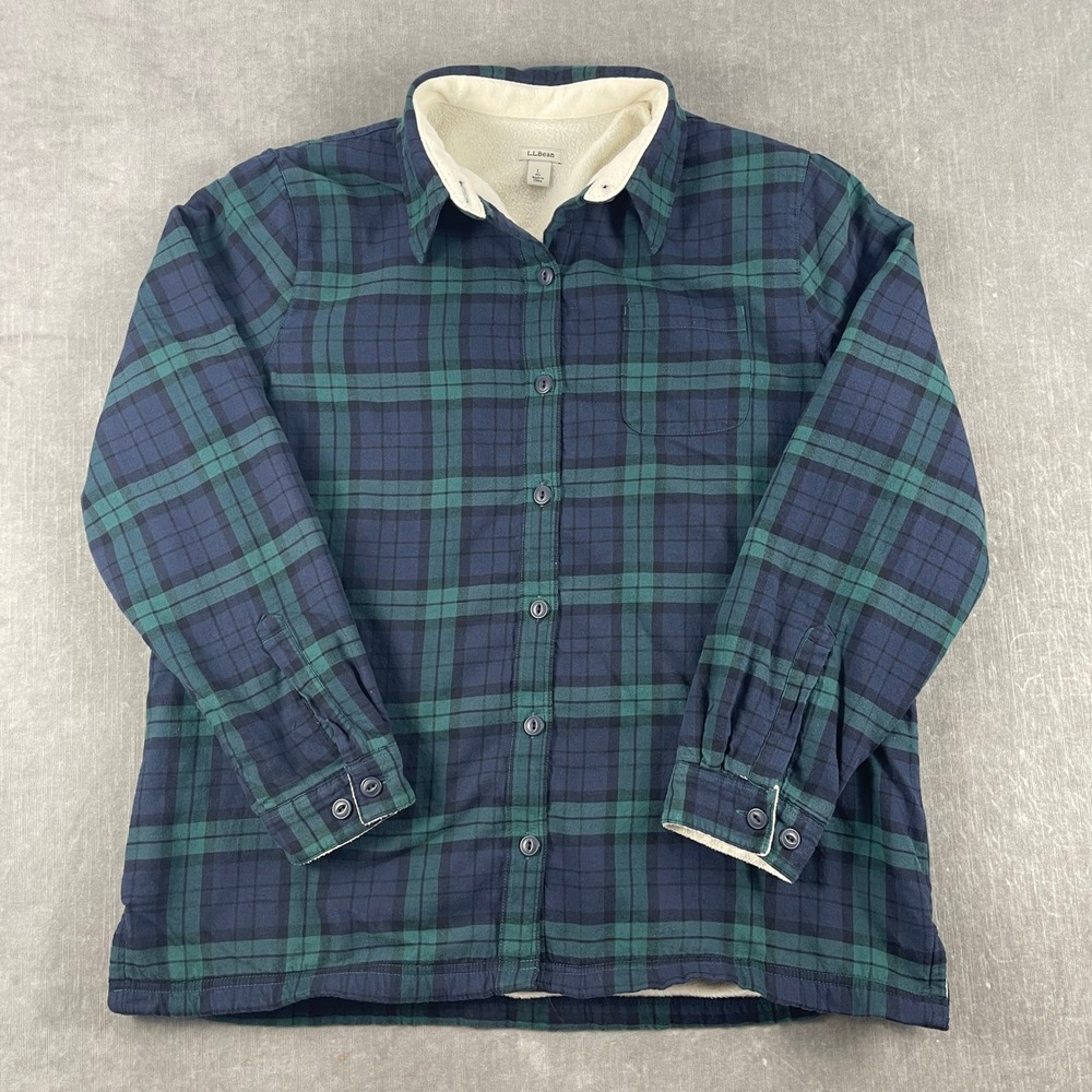 LL Bean Women L Navy Green Plaid Fleece Lined Flannel Shirt Shacket Jacket